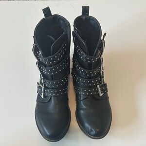 Qupid Black Studded Buckle Combat Boots Stylish Rocker Festival Shoes Comfy